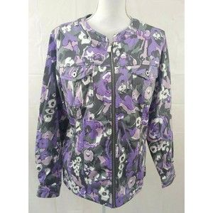 D & Co Womens Jacket Medium Purple Gray Floral Zip Front Cotton Stretch